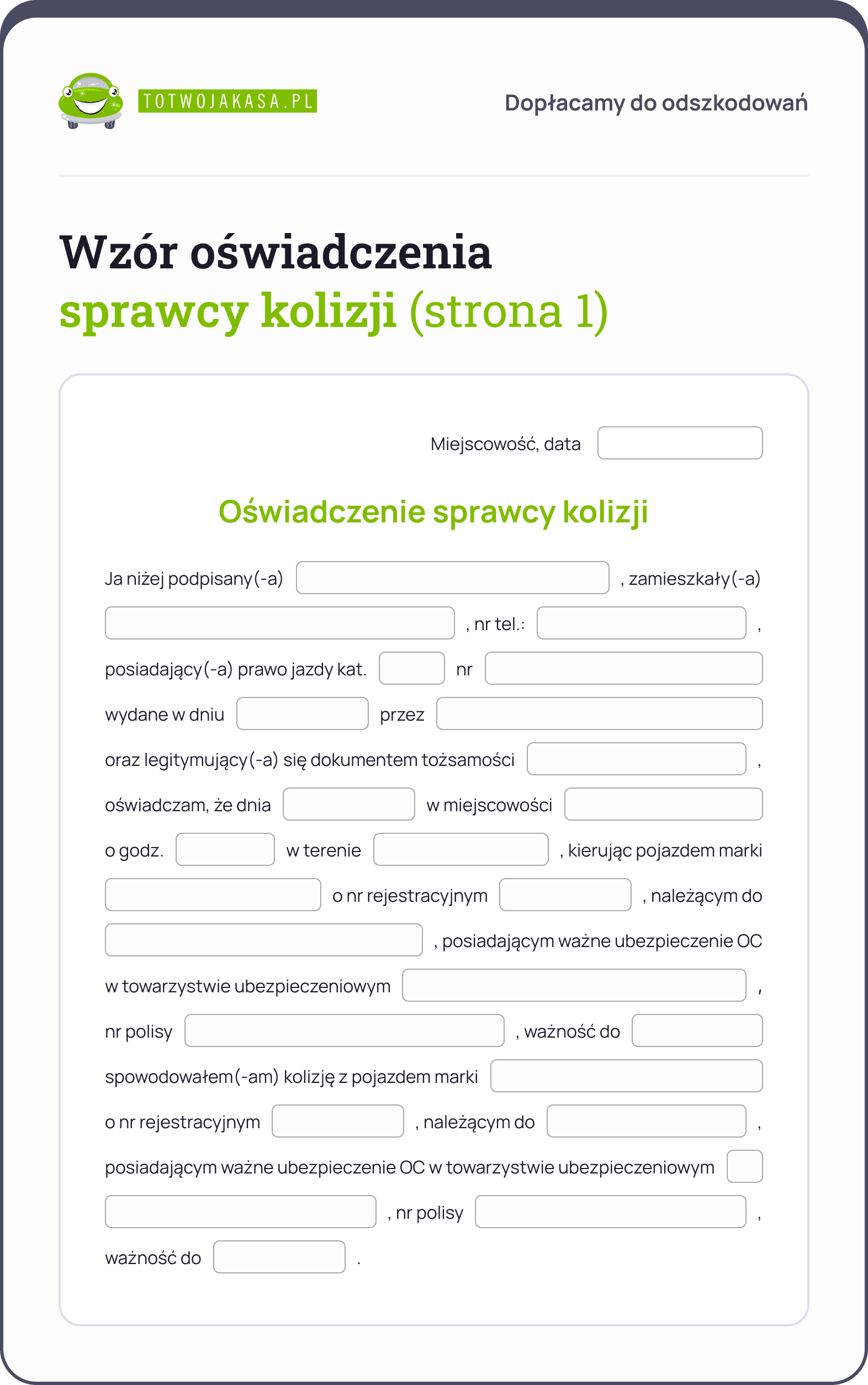 oświadczenie sprawcy kolizji PZU wzór